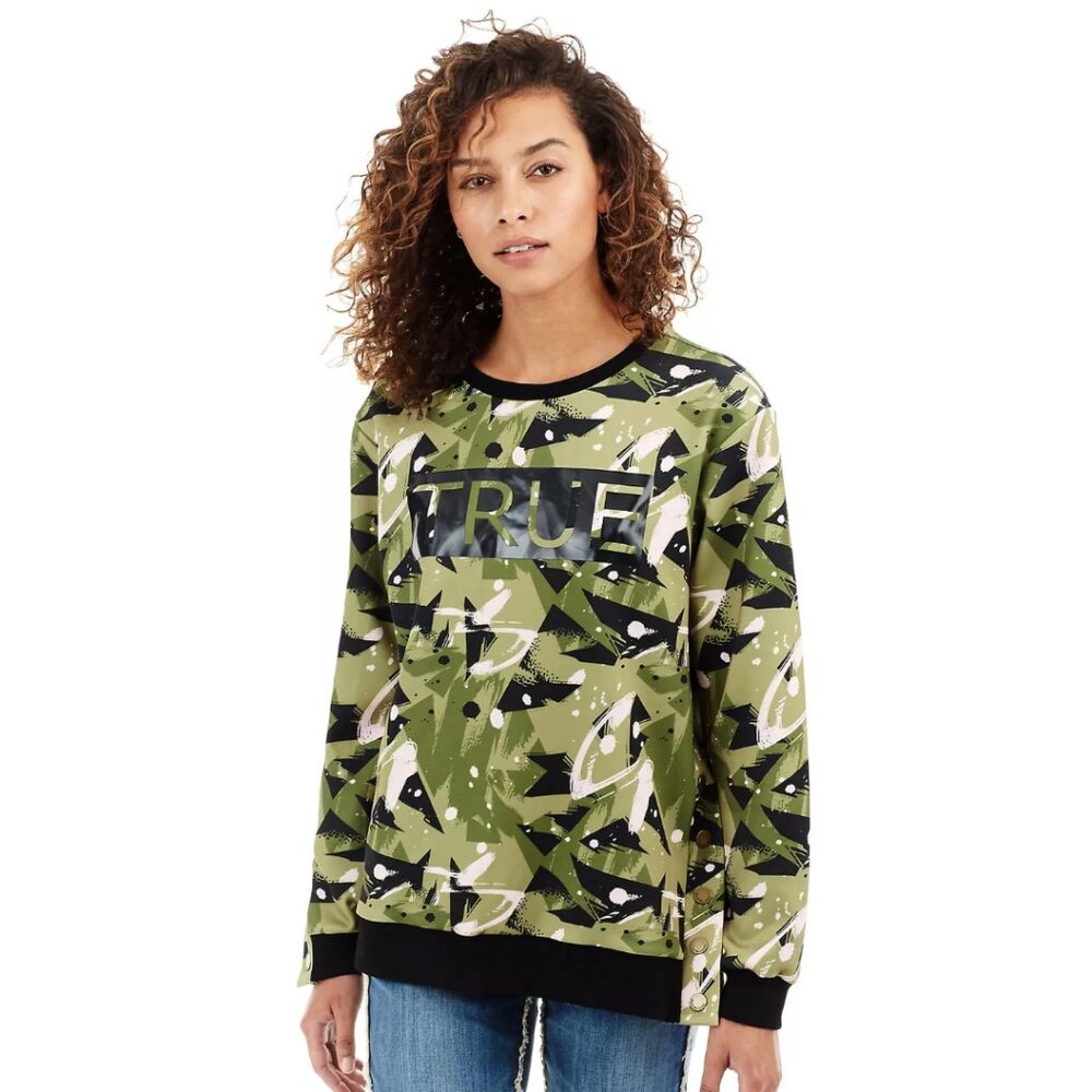 NWT True Religion Green Camo Snap Pullover Sweatshirt Grunge Utility Streetwear
